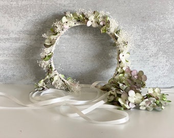 Sage Floral wreath- Hydrangea and Baby breath crown-Boho Green floral crown-Wedding florals-Flowers girl wreath