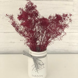 Peut inclure: Un bocal en verre blanc avec un ruban gris autour du haut. Le bocal est rempli d'un bouquet de fleurs s&eacute;ch&eacute;es rouges. Le bocal porte l'inscription "Ball Mason" sur le devant.
