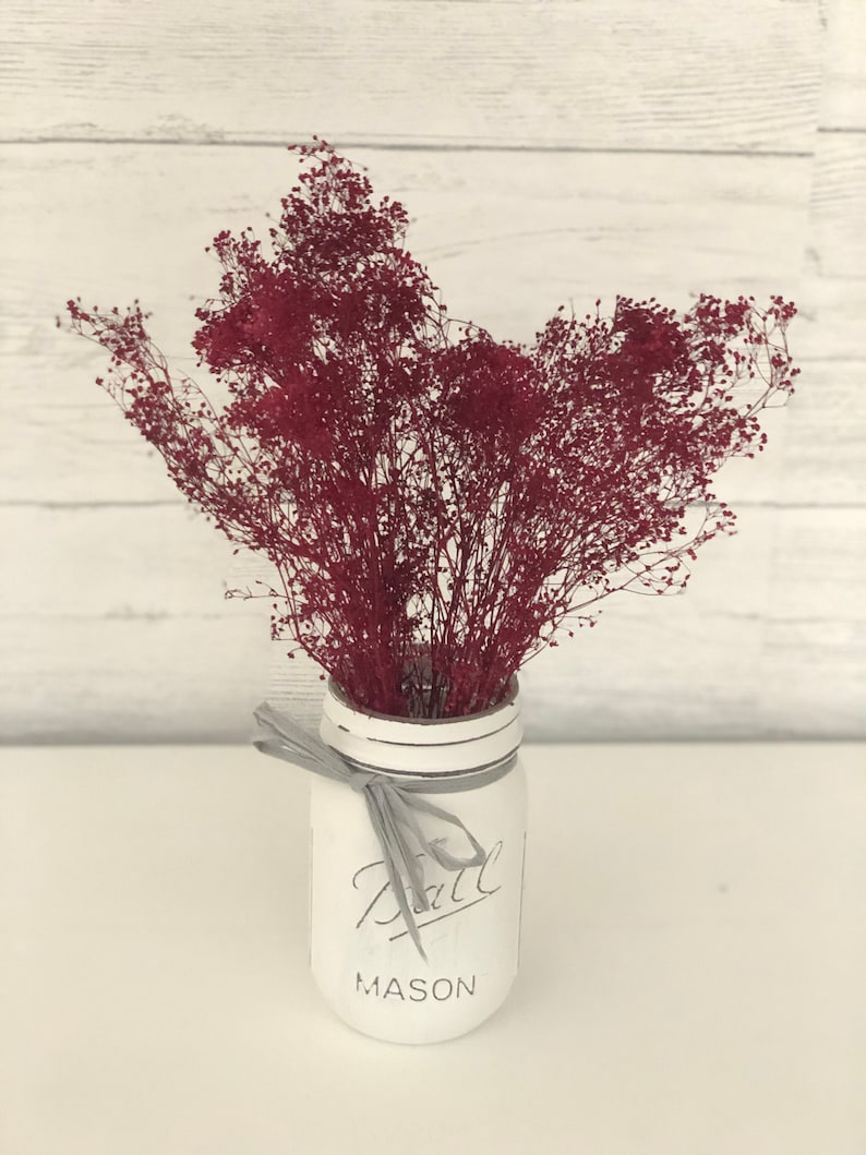 Peut inclure: Un bocal en verre blanc avec un ruban gris autour du haut. Le bocal est rempli d'un bouquet de fleurs s&eacute;ch&eacute;es rouges. Le bocal porte l'inscription "Ball Mason" sur le devant.