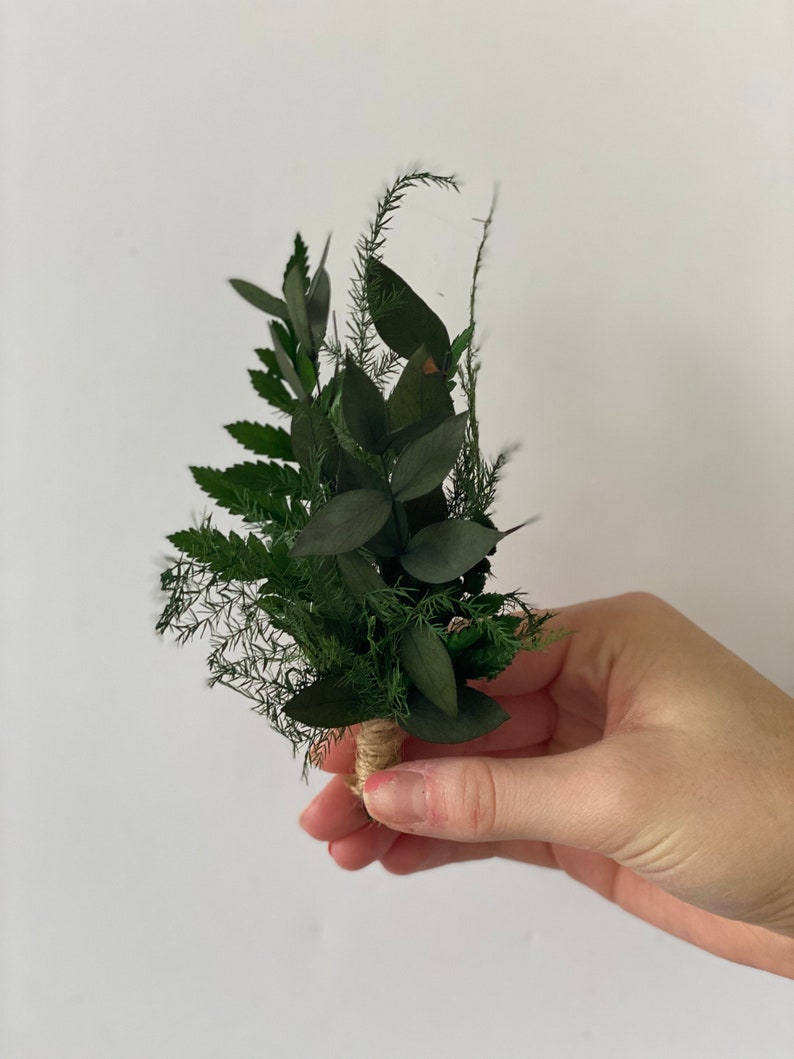 May include: A small bouquet of green foliage tied with twine. The bouquet includes ferns, eucalyptus, and other greenery.