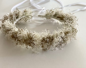 Weiße, rustikale Blumenkrone, Blumenkranz mit getrockneten Blumen, Hochzeit Blumenkranz