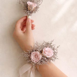 Preserved Pink Rose Corsage & Boutonniere Set – Rose Gold Greenery, Satin Ribbon image 1
