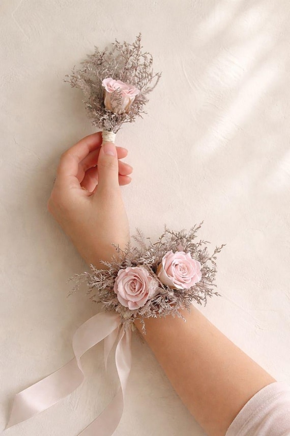 Preserved Pink Rose Corsage & Boutonniere Set – Rose Gold Greenery, Satin Ribbon