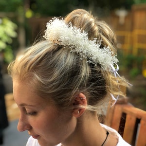 Bun Wreath with Baby&#39;s Breath-Flower Girl Bun Halo- First communion  White Crown- Rustic Bun Wreath- Bride Bun Wreath-Bridesmaids bun wreath