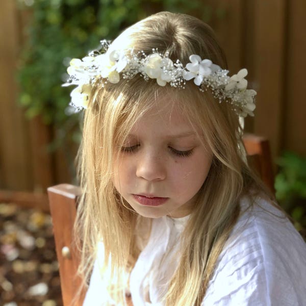 Ivory Floral Crown, Flower Girl Wreath, First Communion Tie back