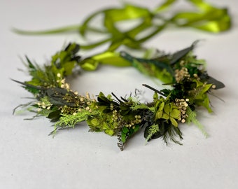 Green  floral Crown-Tie back floral crown-Dried flowers flower wreath