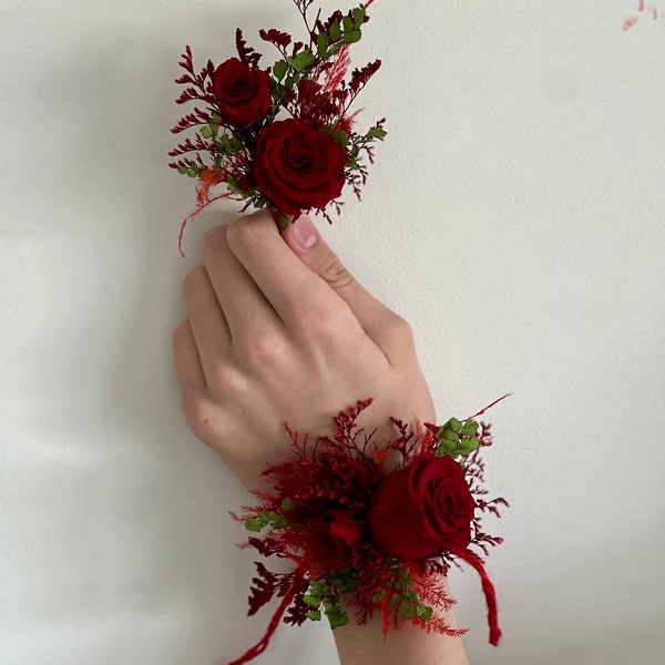 Red Roses Dried flowers wrist corsage-Prom natural wrist corsage and boutonniere -red corsage