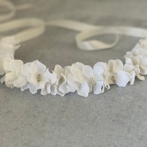 Tie back, White Hydrangea, Headband, Flower Girl, First Communion Accessories, Baptism Crown, Christening Crown