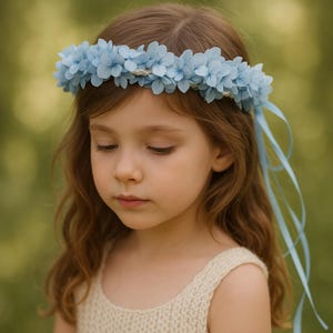 Something Blue Floral wreath -  Blue flowers girls crown - Blue Hydrangea Floral  – Soft Blue Floral Headpiece with Satin Ribbon, Wedding