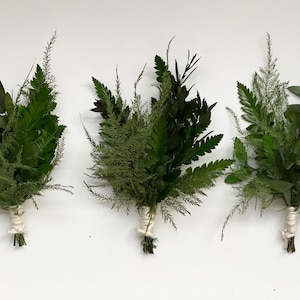 May include: Three small bouquets of greenery, each tied with twine. The bouquets are made up of ferns, eucalyptus, and other leafy sprigs.