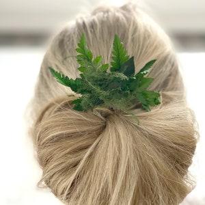 May include: A green fern hair clip with a simple design. The clip is worn in a woman's blonde hair.