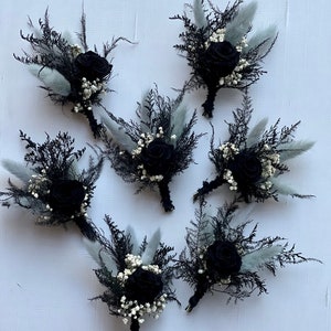 Flores secas Boutonnière- Boutonnière de boda negro y gris-Boda verde Boutonniere-Boutonieret de rosa negra