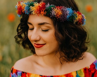 Rainbow Baby’s Breath Floral Crown – Dried and Painted Gypsophila Flower Headpiece with Satin Ribbon