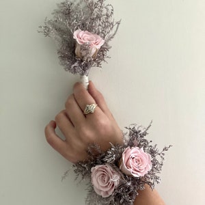 Dried flowers wrist corsage-Prom natural wrist corsage and boutonniere -rose gold and blush corsage