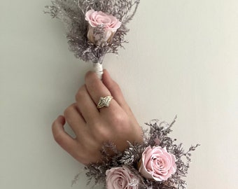 Dried flowers wrist corsage-Prom natural wrist corsage and boutonniere -rose gold and blush corsage