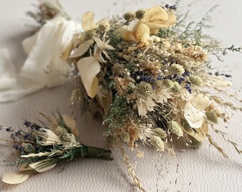 Bridal Bouquet - Preserved  and Dried Flowers Bouquet--Field Flowers  arrangement and boutonniere set