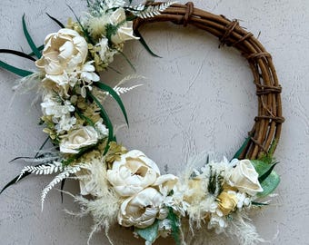 10&quot; Neutral Sola Flower Wreath with Preserved Florals – Rustic Boho Wall Decor, Dried Flower Wreath for Door or Nursery, Forever Floral Gift