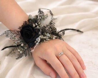 Black Rose wrist corsage-Black and Gray wrist corsage-Wedding corsage