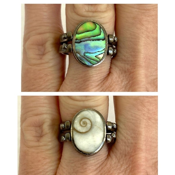 Vintage Sterling Silver 925 Oval Paua Abalone & Shiva Shell Reversible Double Band Flip Ring Size 7.5