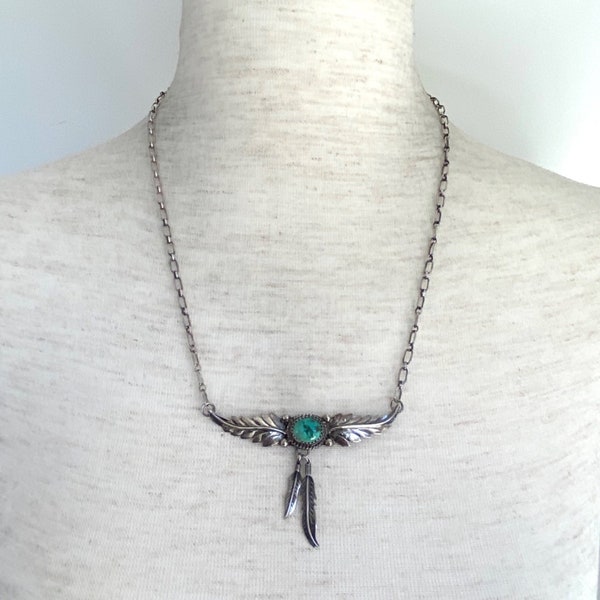 Vintage Sterling Silver 925 Signed H. Spencer Navajo Native American Oval Sawtooth Bezel Set Turquoise Leaf Feather Dangle Necklace 20.5"