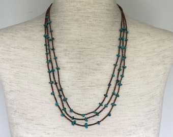 Vintage Sterling Silver 925 Southwest Native Style Multi Strand Heishi Turquoise Chip Station Beaded Layered Necklace 23"