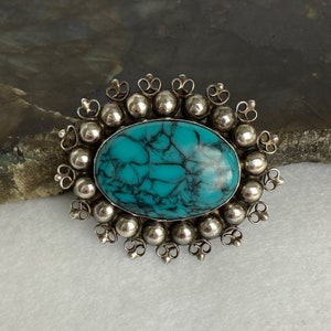 Vintage Sterling Silver 925 Southwest Style Bead Ball Filigree Oval Faux Turquoise Brooch Pin