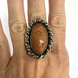 Vintage Sterling Silver 925 Heavy Chunky Bezel Set Oval Mexican Fire Opal Boulder Opal Statement Ring Size 13.5 Weight 24g