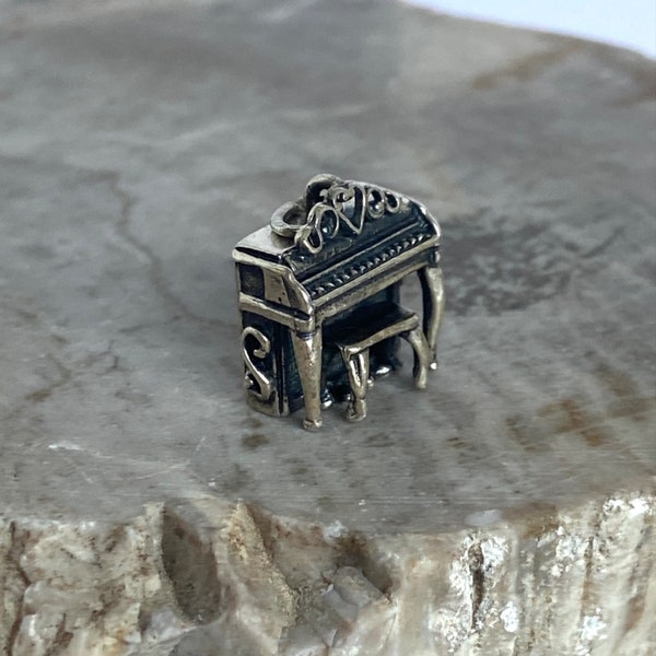 Vintage Signed Beaucraft Sterling Silver 925 3 Dimensional Upright Spinet Piano & Stool Charm Pendant Music Charm BEAU New Old Stock On Card