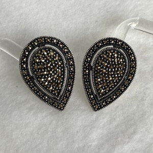 Vintage Sterling Silver 925 Signed Judith Jack JJ Marcasite Teardrop Earrings Pierced Cutout Design