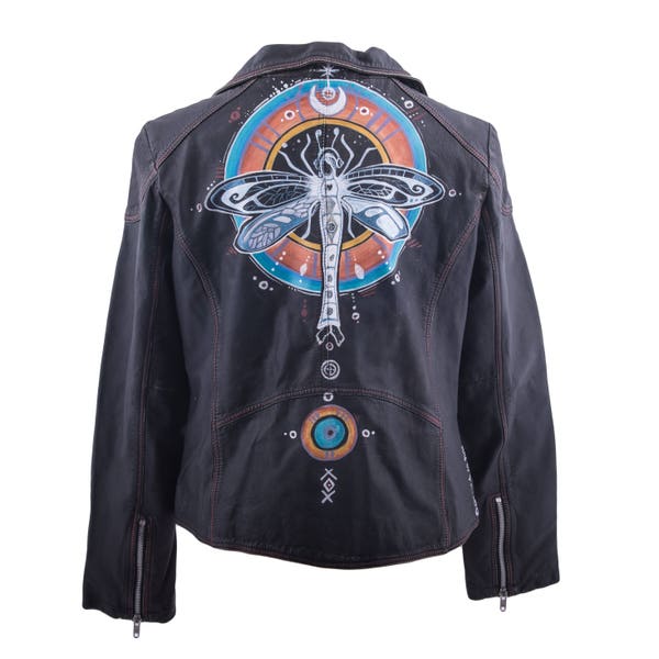 Black leather biker style jacket hand painted