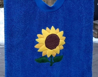 Sunflower Bib - full coverage towel bib to protect clothing and celebrate the Season of Sunshine! For Babies, toddlers, and preschoolers.