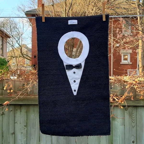 Tuxedo Bib - black and white towel bib for your little man.  Formal wear for babies and toddlers.