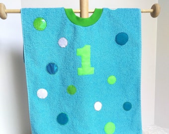 Personalized First Birthday Bib - Handmade Terry Cloth, Polka Dot Party Outfit