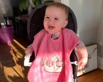 Crown bib - Fit for a little Prince or Princess.  Full-coverage towel bib.  Covers clothing well.  Other colours available.  Made in Canada.