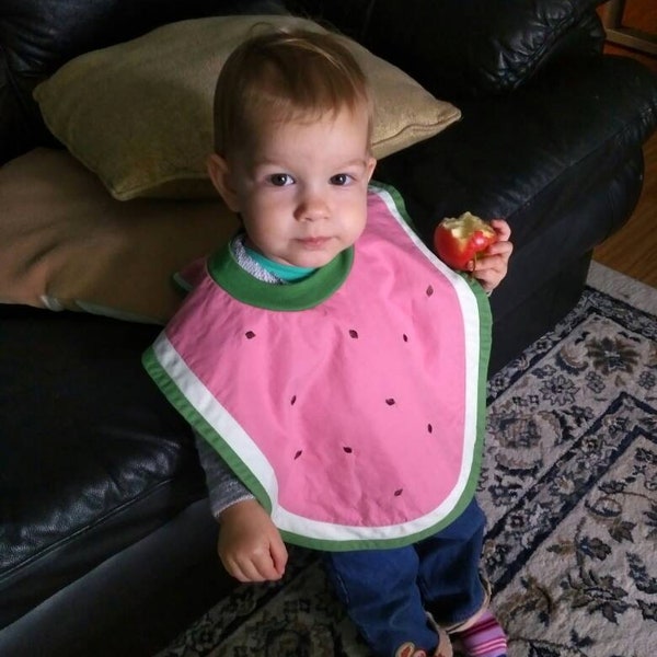 Watermelon bib - perfect for picnics and eating outdoors. Sturdy, absorbent, cute, handmade, and machine washable!