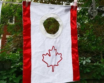 Maple Leaf Towel Bib featuring a Canadian Flag. Celebrate Canada Day!  Machine washable and absorbent. - Made in Canada