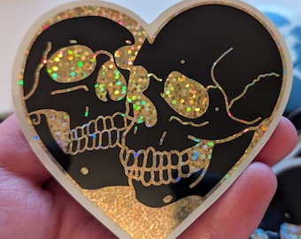 Glitter Skull Heart Sticker: Waterproof Vinyl Decal