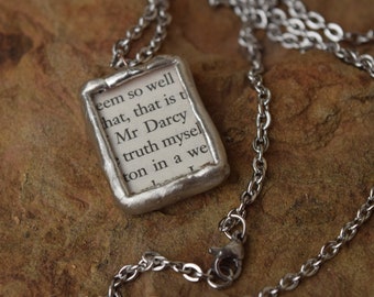 Pride and Prejudice Upcycled Book Pages Solder and Glass Necklace - Mr. Darcy/Miss Bennett