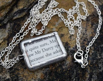 Pride and Prejudice Upcycled Book Pages Solder and Glass Necklace - Mr. Darcy/Miss Bennett