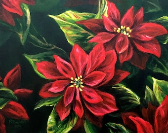 May include: A painting of red poinsettia flowers with green leaves against a dark green background. The flowers are in full bloom and have a vibrant red color. The leaves are a deep green and have a glossy finish.