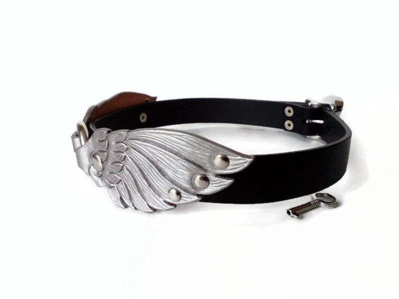 Locking day collar leather silver wings bdsm collar for sub Etsy