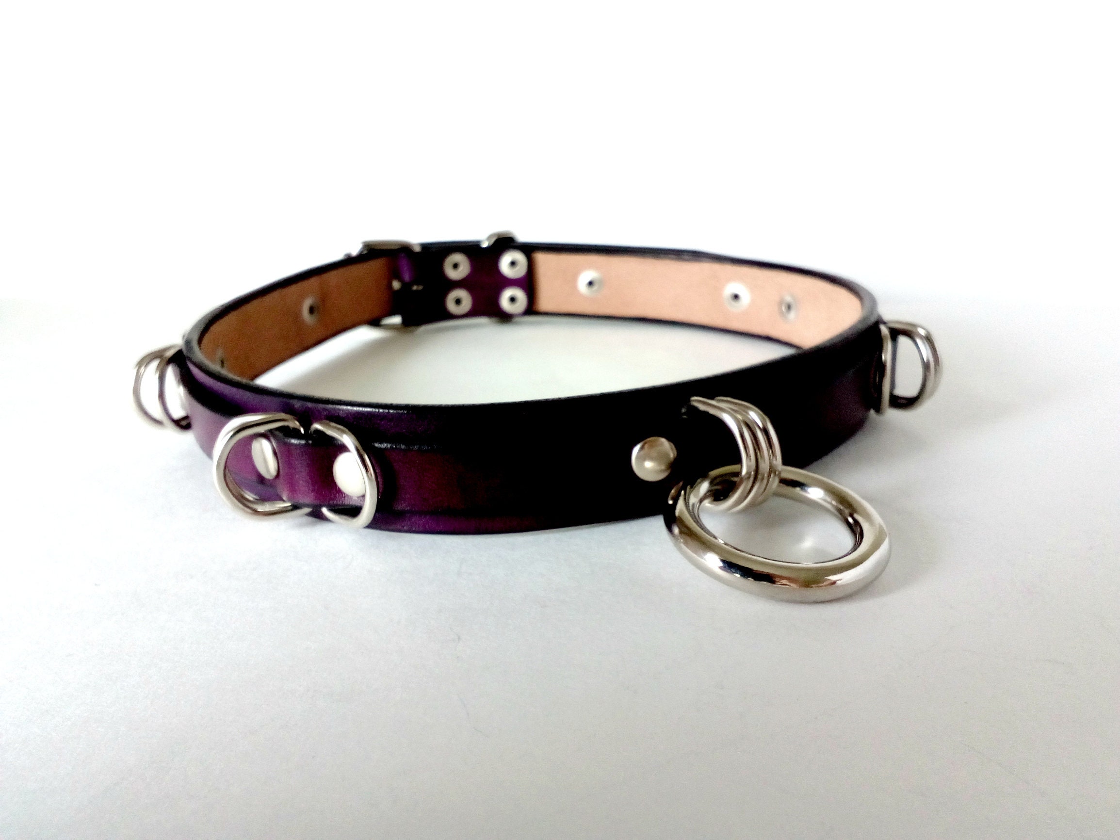Purple leather bdsm collar for women. Discreet sub collar for Etsy