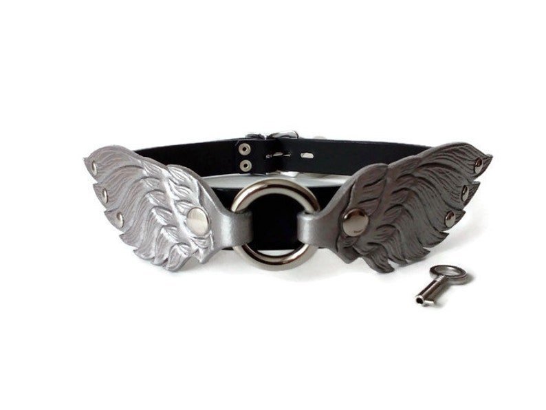 Locking day collar leather silver wings bdsm collar for sub Etsy