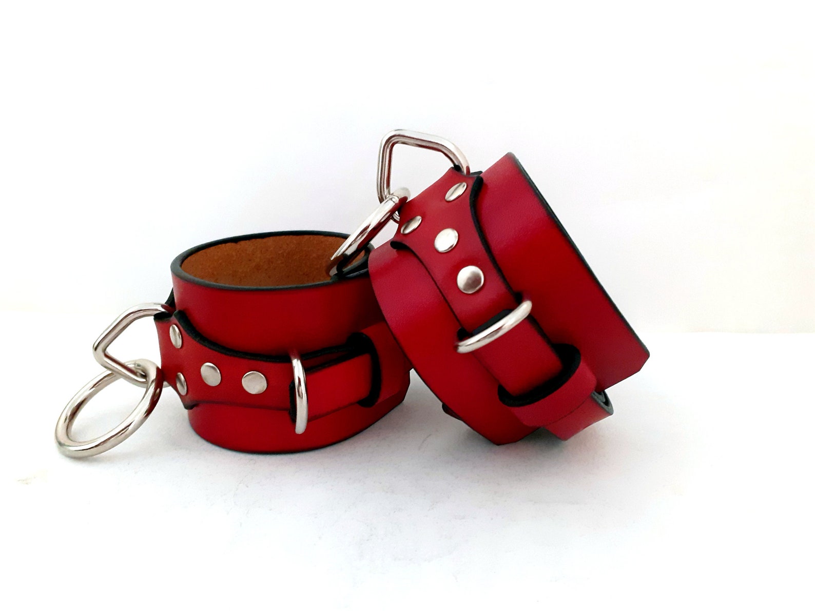 Wide bdsm handcuffs for sub. Red leather bdsm wrist cuffs. Etsy