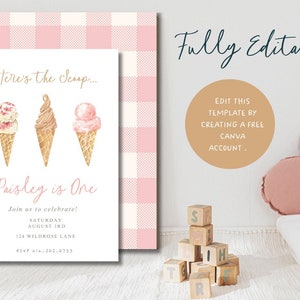 Ice Cream Birthday Invitation Template, Ice Cream Social, Minimalist Ice Cream Party, Instant Download, Gingham Birthday Invitation, Canva