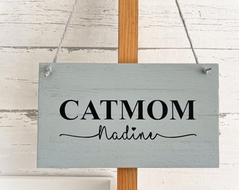 Holzbild "Catmom" Katzen Name personalisiert | Aufhänger Deko Schild