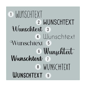 Könnte beinhalten: Ein hellblauer Hintergrund mit neun nummerierten Kreisen. Jeder Kreis enthält das Wort "Wunschtext" in verschiedenen Schriftarten und Stilen.