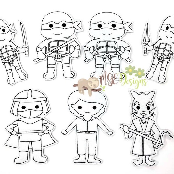 Karate Turtles Coloring Doll Set of 7 Machine Embroidery Design DIGITAL DOWNLOAD 5x7 Hoop ONLY washable wipe-able reusable dry erase markers