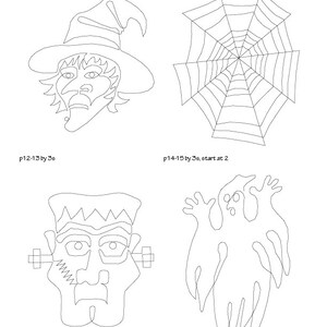 May include: A black and white line drawing of a witch, a spider web, Frankenstein's monster, and a ghost. The drawings are simple and would be suitable for a Halloween craft project.
