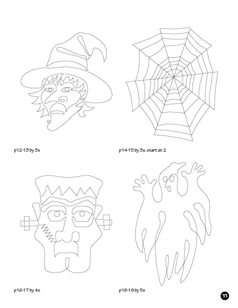 May include: A black and white line drawing of a witch, a spider web, Frankenstein's monster, and a ghost. The drawings are simple and would be suitable for a Halloween craft project.